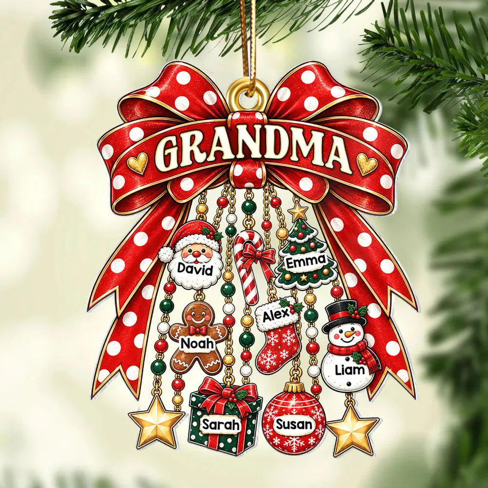 Personalized Acrylic Ornament with Red Bow and Festive Charms, Unique Christmas Gift for Grandma