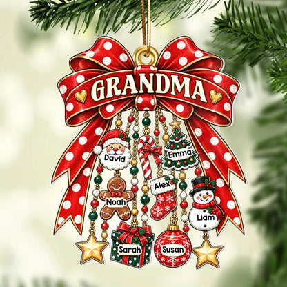Personalized Acrylic Ornament with Red Bow and Festive Charms, Unique Christmas Gift for Grandma