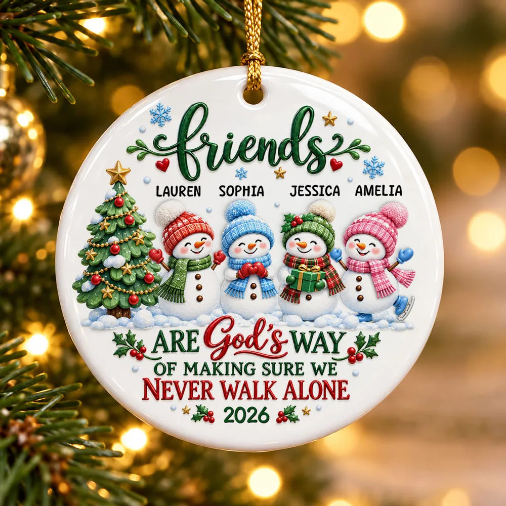 Personalized Ceramic Ornament, Snowman Friends by a Christmas Tree, Unique Gift for Best Friend