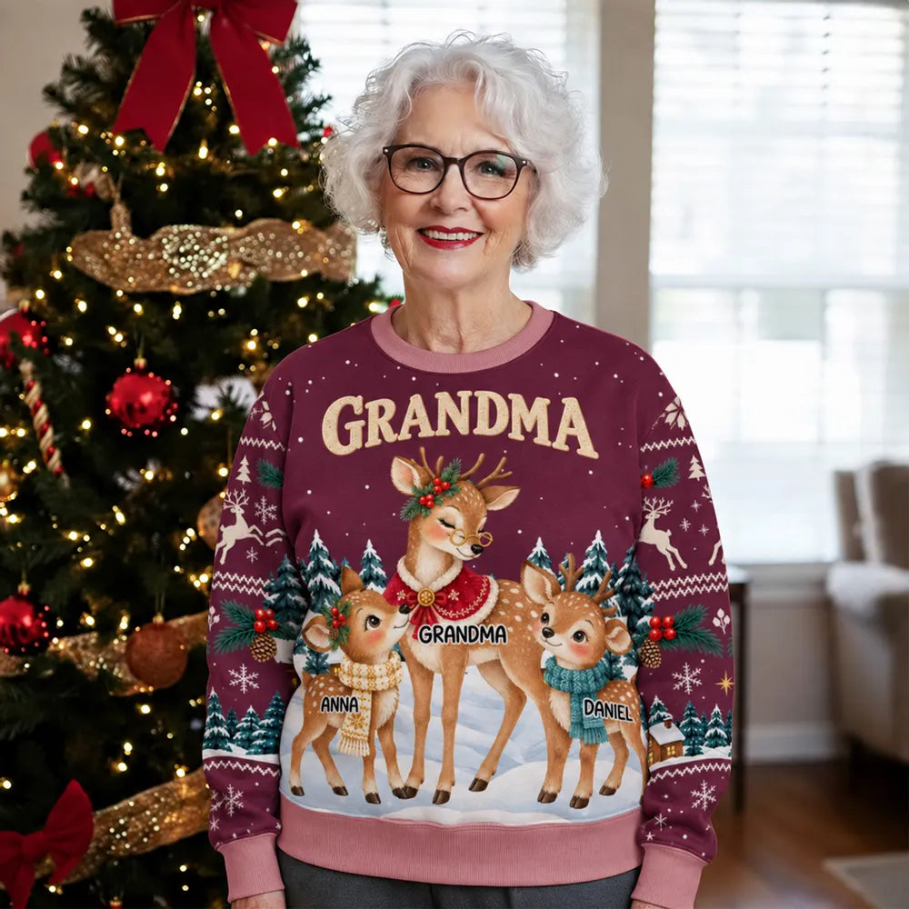 Personalized Printed Sweatshirt, Grandma Reindeer with Fawns in a Snowy Forest, Unique Christmas Gift for Grandma