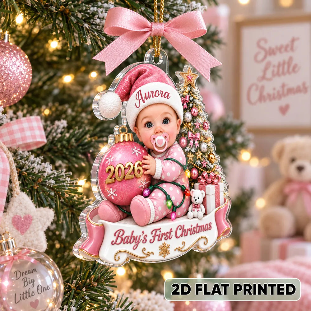 Personalized Acrylic Ornament, Seated Baby by a Christmas Tree, Unique First Christmas Gift for New Parents