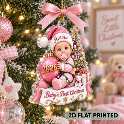 Personalized Acrylic Ornament, Seated Baby by a Christmas Tree, Unique First Christmas Gift for New Parents