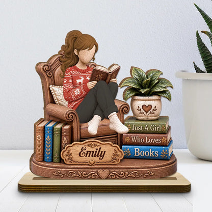 Personalized 2-Layer Wooden Plaque, Woman Reading in a Cozy Chair, Unique Gift for Book Lovers