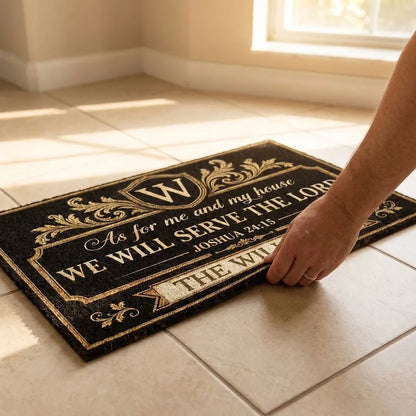 Personalized Standard Doormat, We Will Serve the Lord Verse, Creative Faith Gift for Family and Housewarming