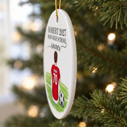 Personalized Ceramic Ornament, Seated Soccer Athlete on Field, Unique Christmas Gift for Soccer Player