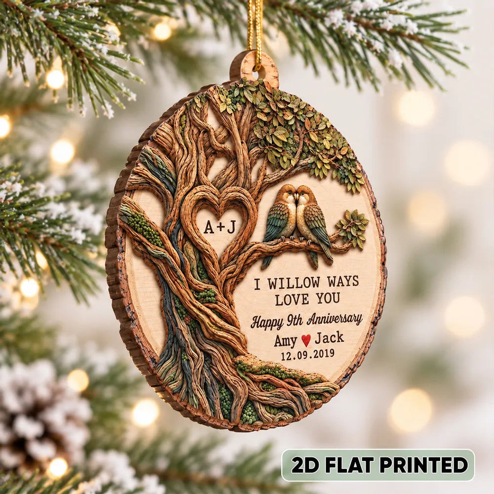 Personalized Wooden Ornament with Willow Tree and Paired Birds, Unique Anniversary Gift for Couples