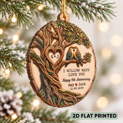 Personalized Wooden Ornament with Willow Tree and Paired Birds, Unique Anniversary Gift for Couples