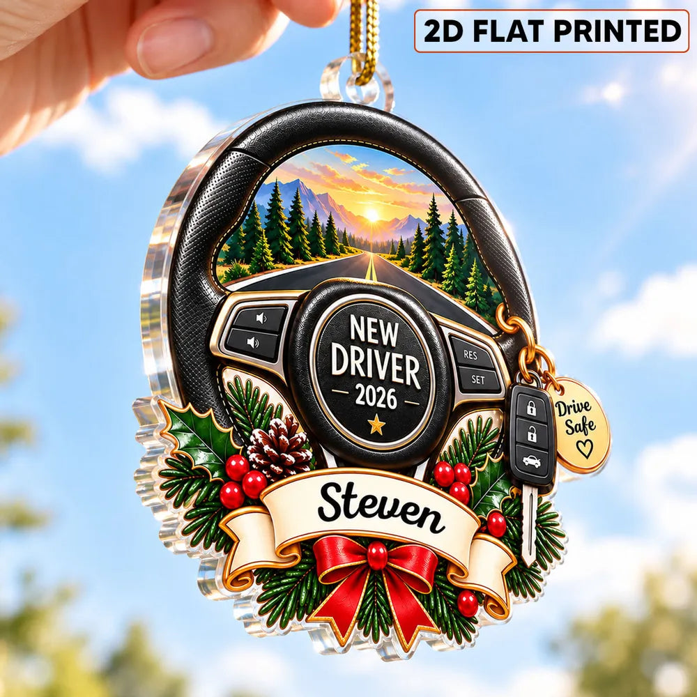 Personalized Acrylic Ornament, New Driver Steering Wheel on a Sunset Mountain Road, Unique Gift