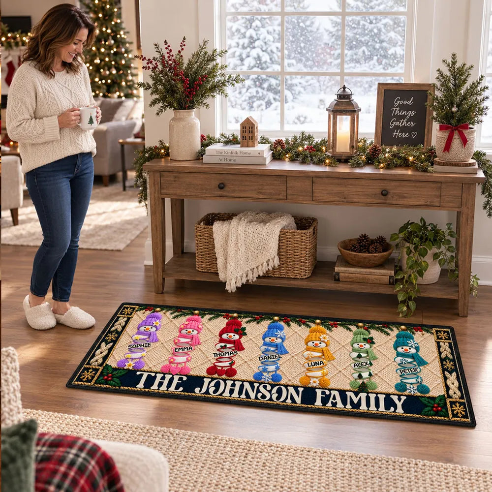 Personalized Snowman Family Standard Doormat, Colorful Christmas Entryway Decor, Unique Gift for Family