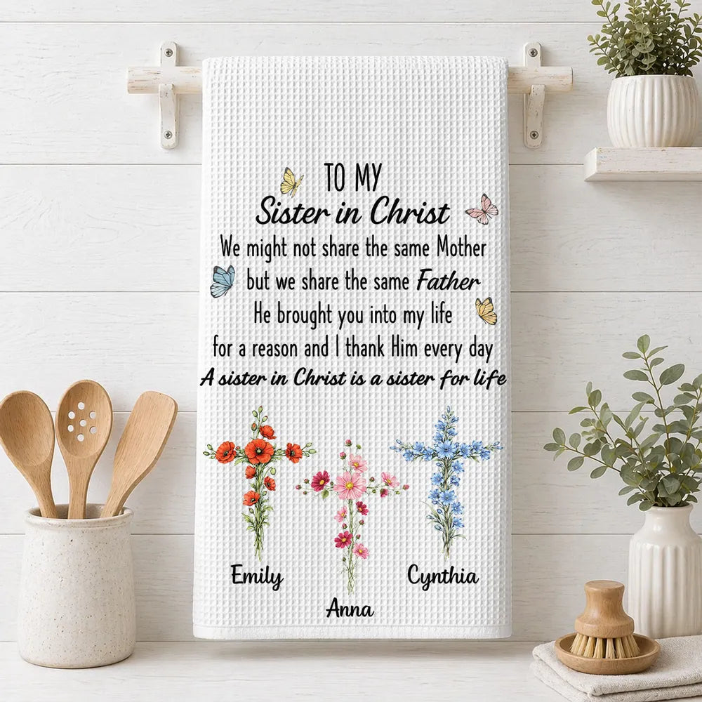 Personalized Sister in Christ Kitchen Towel, Pastel Floral Crosses & Butterflies, Unique Faith Gift for Sister
