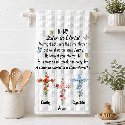 Personalized Sister in Christ Kitchen Towel, Pastel Floral Crosses & Butterflies, Unique Faith Gift for Sister
