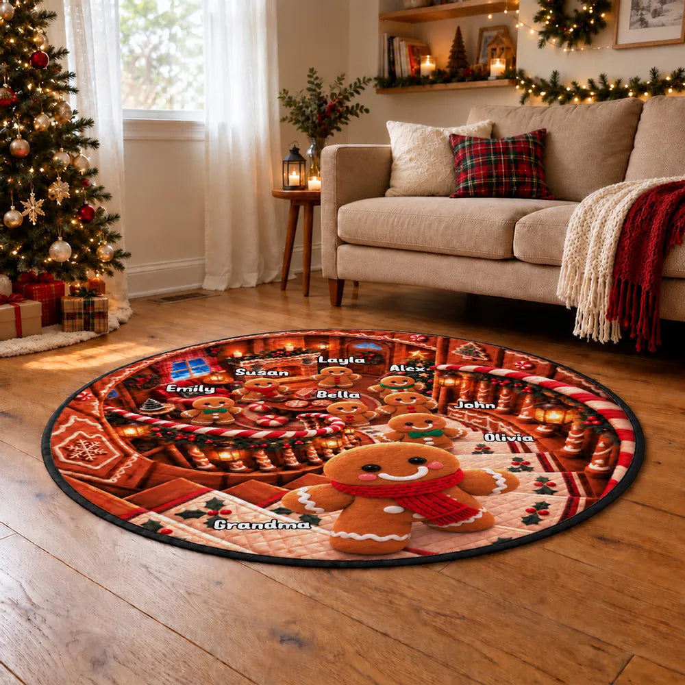 Round Quilted Mat, Personalized Gingerbread Family by Fireplace, Heartwarming Creative Gift for Family