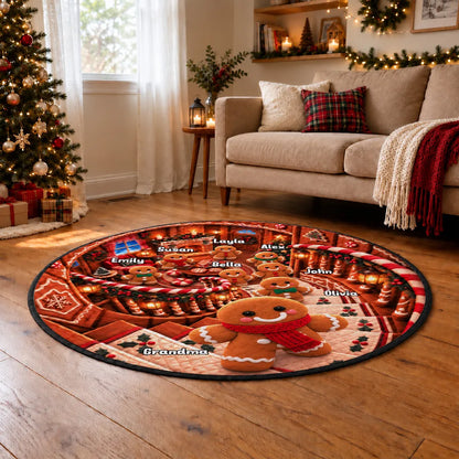 Round Quilted Mat, Personalized Gingerbread Family by Fireplace, Heartwarming Creative Gift for Family