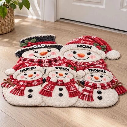 Snowman Family Shaped Doormat, Personalized Winter Welcome Decor, Heartwarming Creative Gift for Grandparents and Family