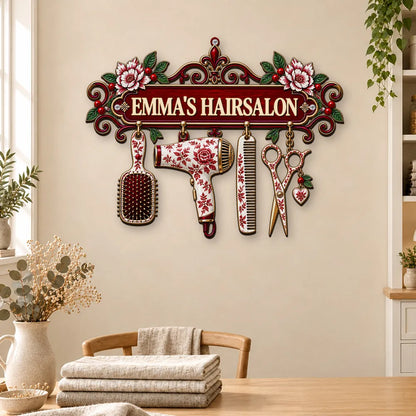 Personalized Shaped Metal Sign, Ornate Blue Floral Salon Tools Decor, Unique Gift for Hair Stylist