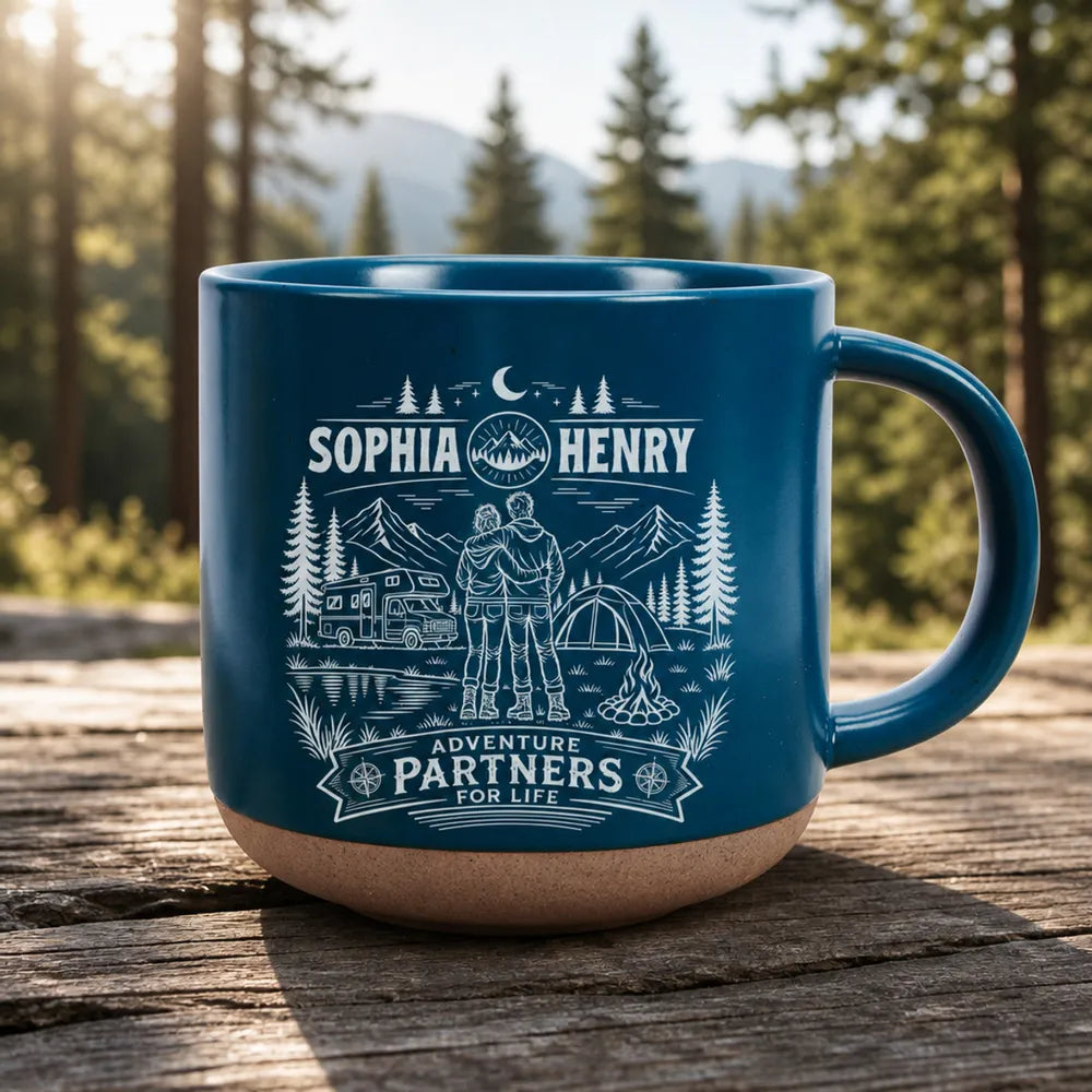 Personalized Pottery Mug, Embracing Couple at a Mountain Campsite, Unique Gift for Adventure Partners