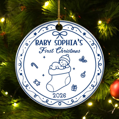 Personalized First Christmas Ceramic Ornament, Sleeping Baby in Stocking on Tree, Unique Gift for New Parents