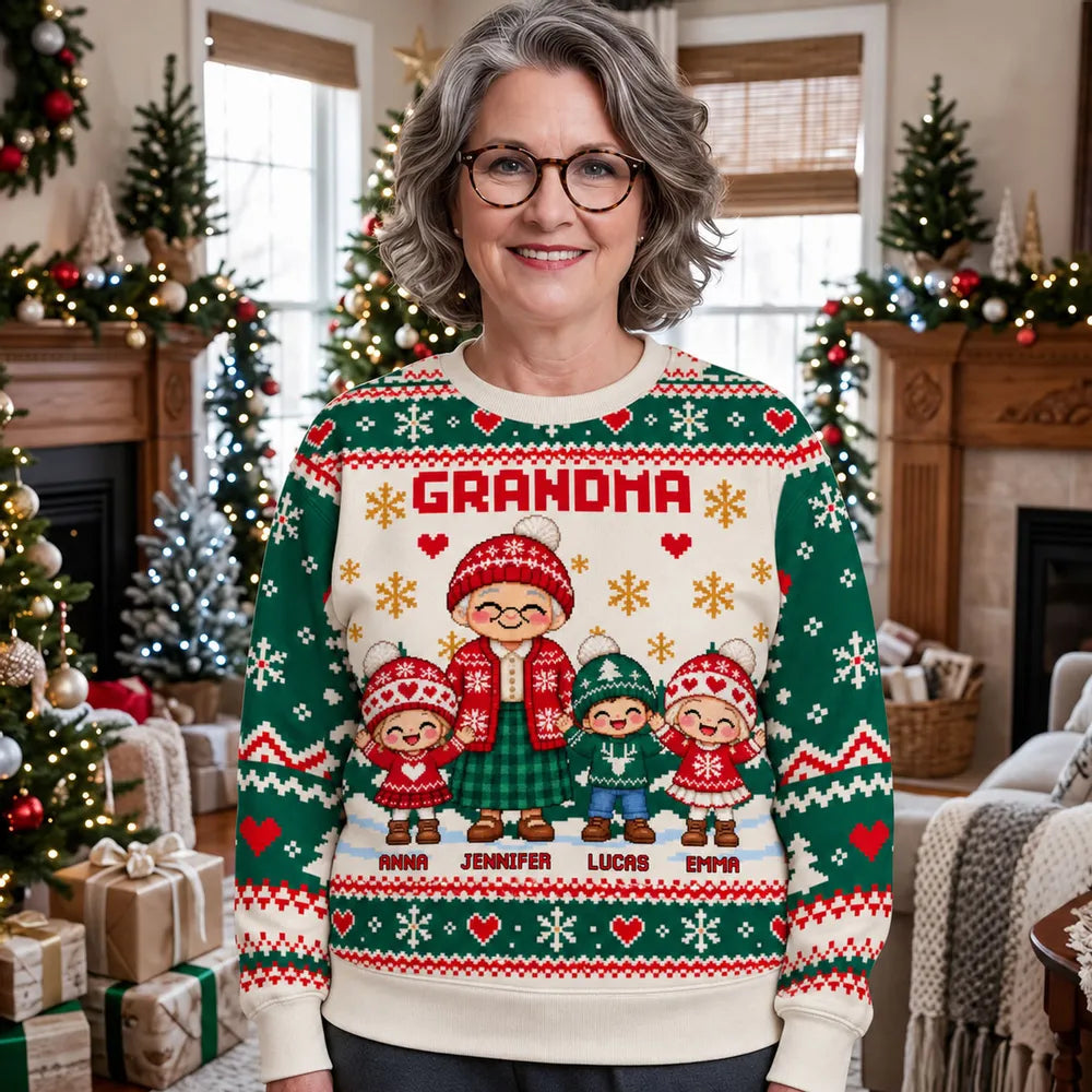 Personalized Printed Sweatshirt, Grandma Holding Hands With Grandkids, Unique Christmas Gift