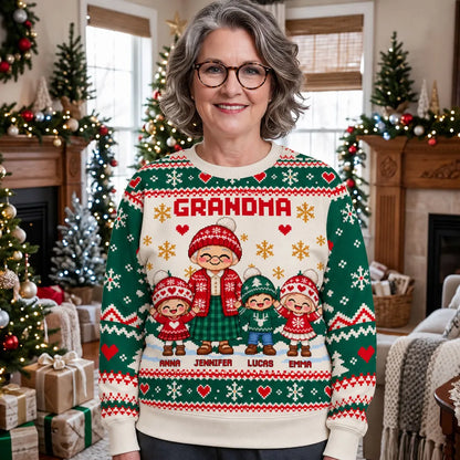 Personalized Printed Sweatshirt, Grandma Holding Hands With Grandkids, Unique Christmas Gift