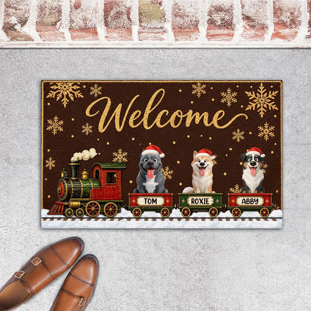 Personalized Standard Doormat with Christmas Dog Train, Red Snowflake Decor, Unique Gift for Dog Lovers