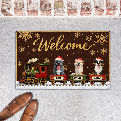Personalized Standard Doormat with Christmas Dog Train, Red Snowflake Decor, Unique Gift for Dog Lovers