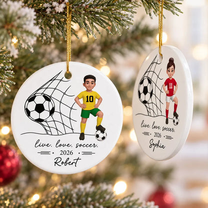 Ceramic Ornament, Cartoon Soccer Girl Posing by Goal, Personalized Keepsake, Creative Christmas Gift for Soccer Player