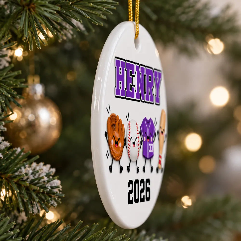 Personalized Ceramic Ornament with Cute Baseball Gear, Unique Christmas Gift for Players and Baseball Fans