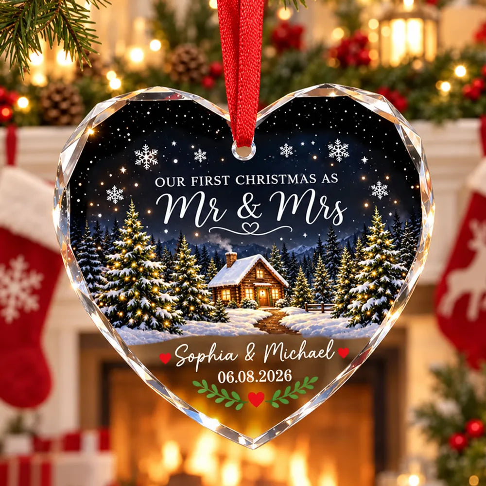 Personalized Crystal Heart Ornament, First Christmas as Mr & Mrs, Snowy Cabin Unique Gift for Couple