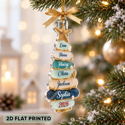 Personalized Acrylic Ornament, Coastal Stone Christmas Tree & Starfish, Unique Family Gift
