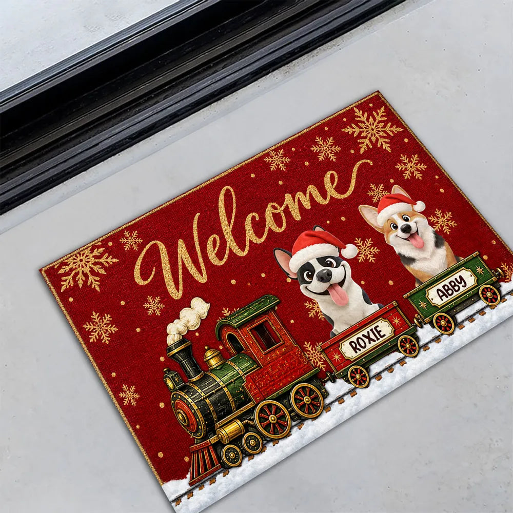 Personalized Standard Doormat with Christmas Dog Train, Red Snowflake Decor, Unique Gift for Dog Lovers