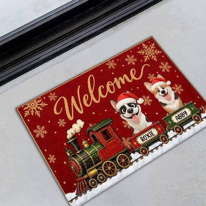 Personalized Standard Doormat with Christmas Dog Train, Red Snowflake Decor, Unique Gift for Dog Lovers