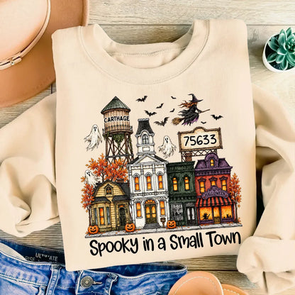 Personalized Classic Tee, Halloween Nostalgia with Flying Witch Over an Autumn Town, Creative Gift for Friends and Family