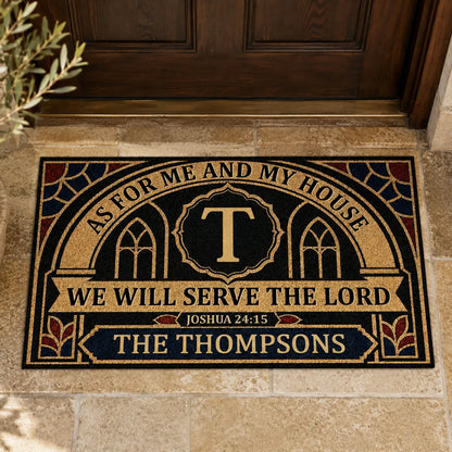 Personalized Standard Doormat, We Will Serve the Lord Bible Verse, Black and Gold Unique Housewarming Gift for Family
