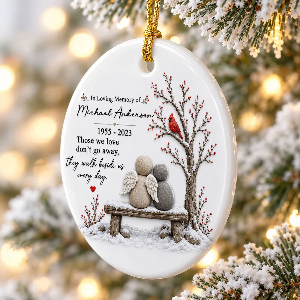 Personalized Ceramic Ornament with Angels on a Snowy Bench and Cardinal, Unique Memorial Gift for Family