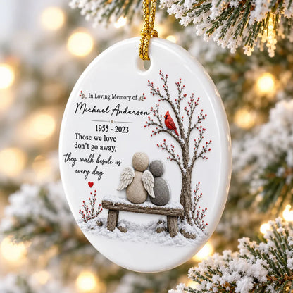 Personalized Ceramic Ornament with Angels on a Snowy Bench and Cardinal, Unique Memorial Gift for Family