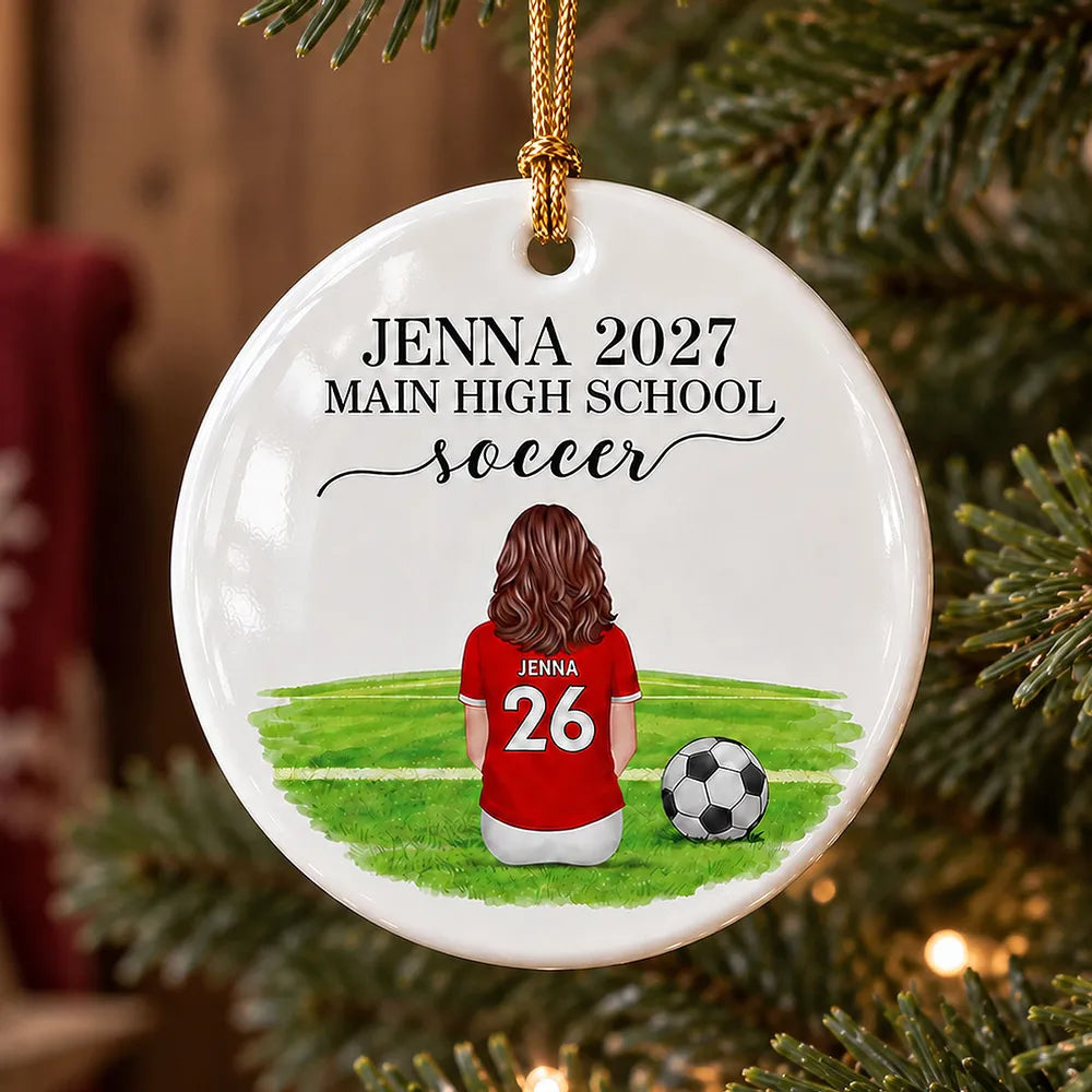 Personalized Ceramic Ornament, Seated Soccer Athlete on Field, Unique Christmas Gift for Soccer Player