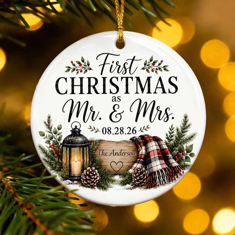 Personalized Ceramic Ornament, Rustic First Christmas as Mr & Mrs Keepsake, Unique Gift for Newlywed Couple