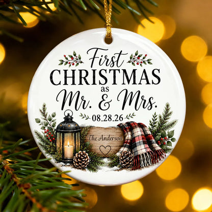 Personalized Ceramic Ornament, Rustic First Christmas as Mr & Mrs Keepsake, Unique Gift for Newlywed Couple