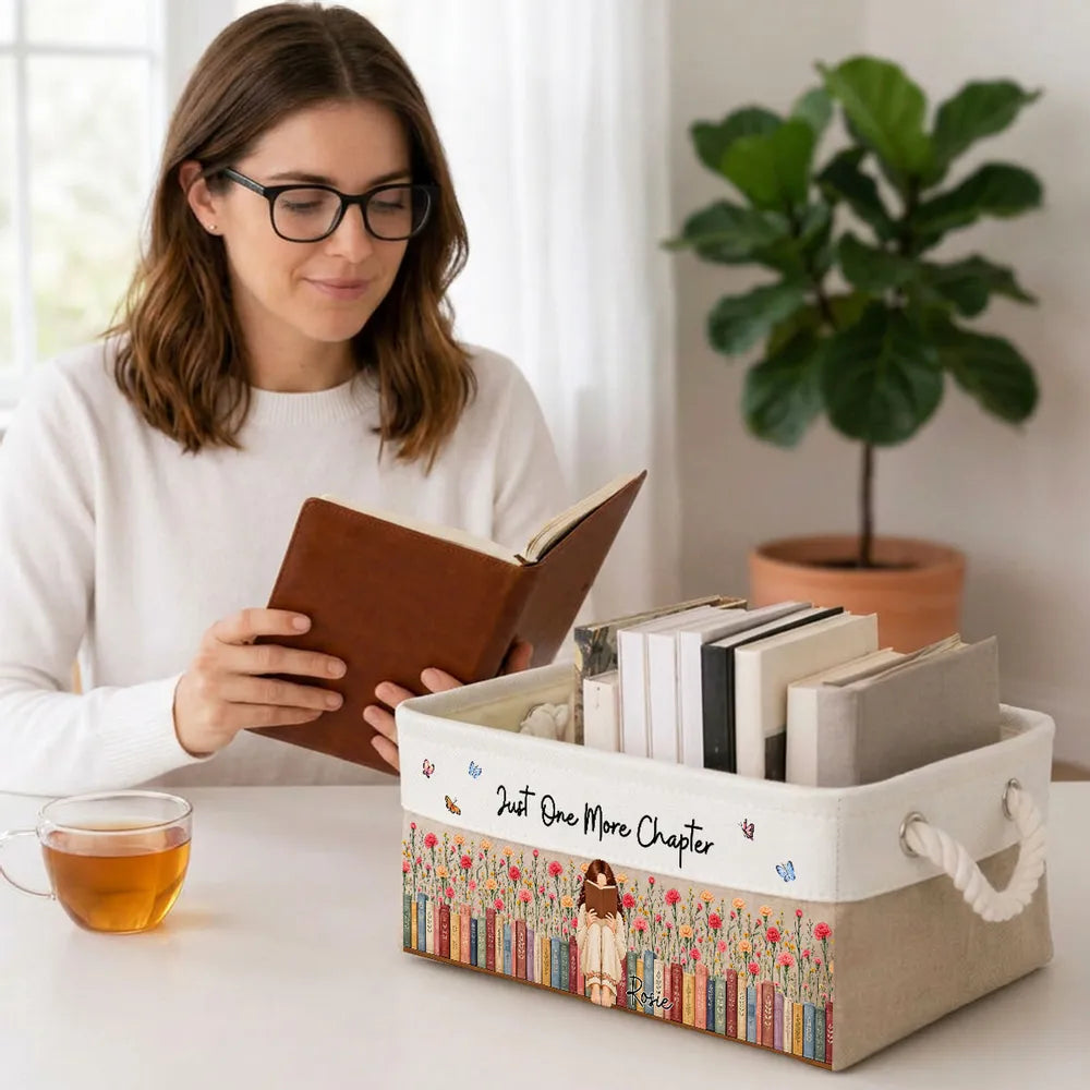 Personalized Cotton Linen Rope Basket, Girl Reading in a Flower Garden, Unique Gift for Book Lovers