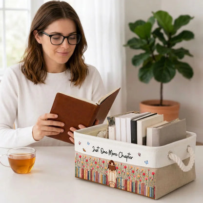 Personalized Cotton Linen Rope Basket, Girl Reading in a Flower Garden, Unique Gift for Book Lovers
