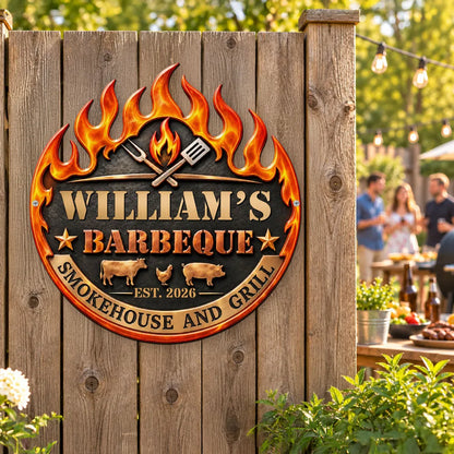 Personalized Shaped Metal Sign with Flaming Barbecue Design, Creative Gift for Grill Masters and Backyard Cooks