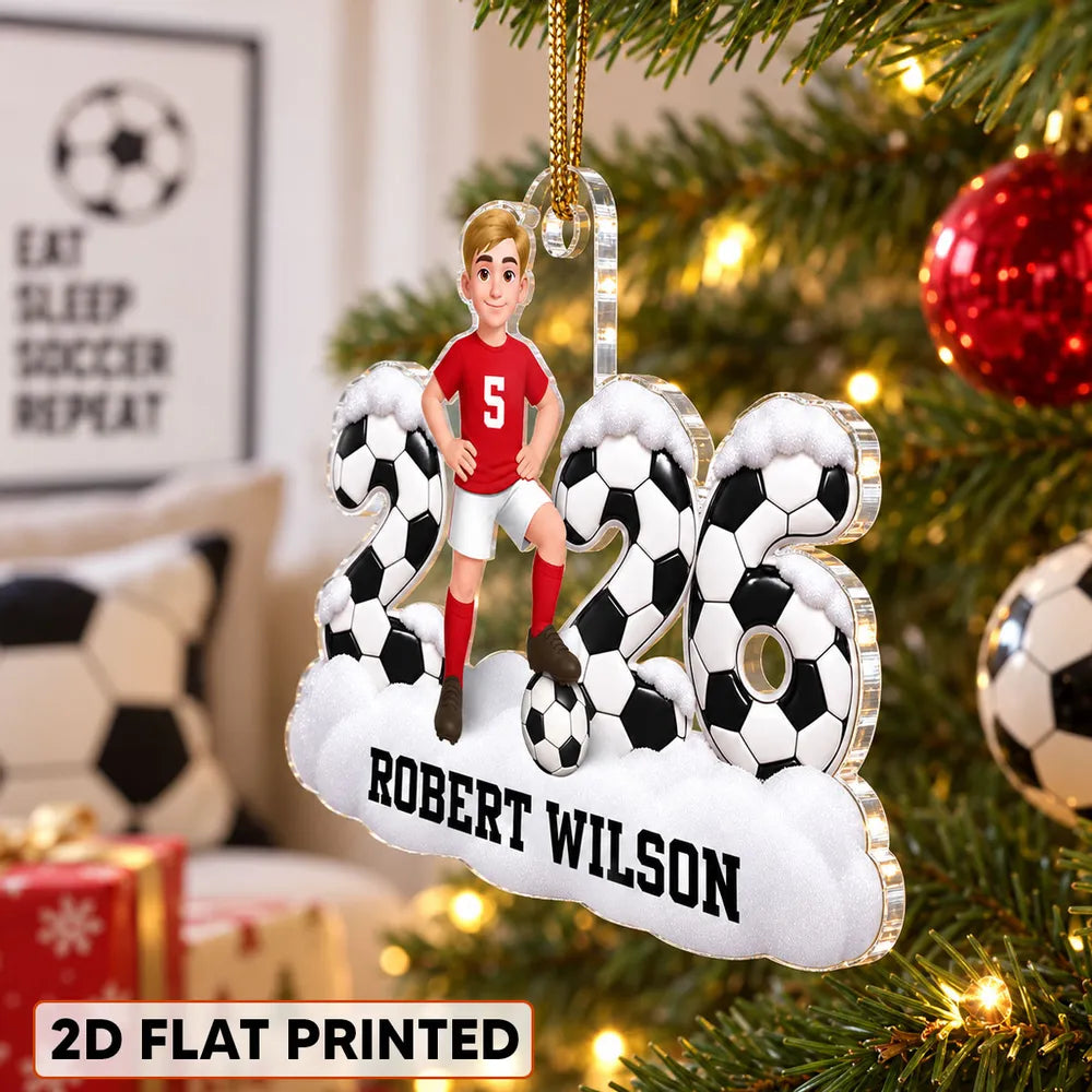 Personalized Acrylic Ornament, Cartoon Soccer Player Posing with Ball, Unique Christmas Gift for Son