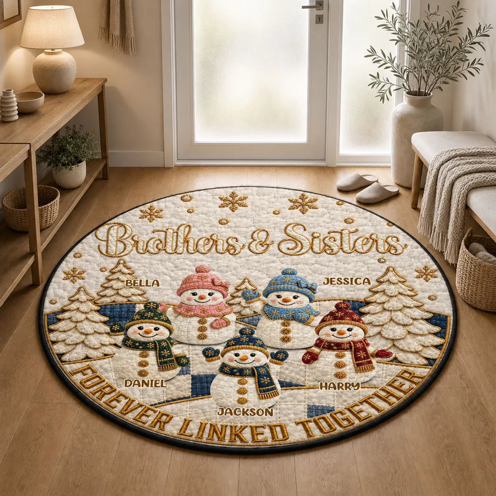 Forever Linked Together Round Quilted Mat, Personalized Sibling Decor, Creative Family Gift with Snowmen