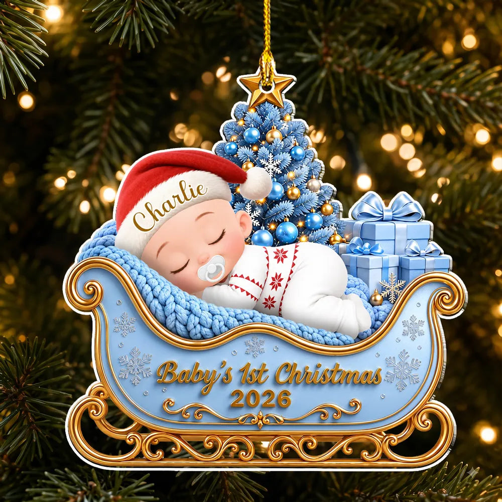 Personalized Baby's First Christmas Ornament, Sleeping Baby in Blue Sleigh, Unique Gift for New Parents