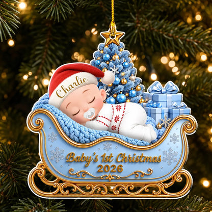 Personalized Baby's First Christmas Ornament, Sleeping Baby in Blue Sleigh, Unique Gift for New Parents