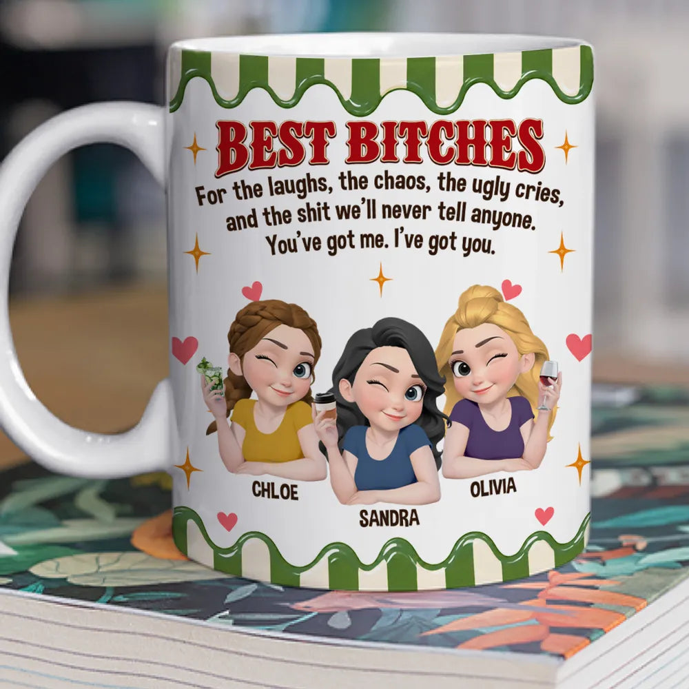 Personalized Ceramic Mug, Winking Friends Holding Drinks, Pink Cartoon Design, Unique Gift for Close Friends