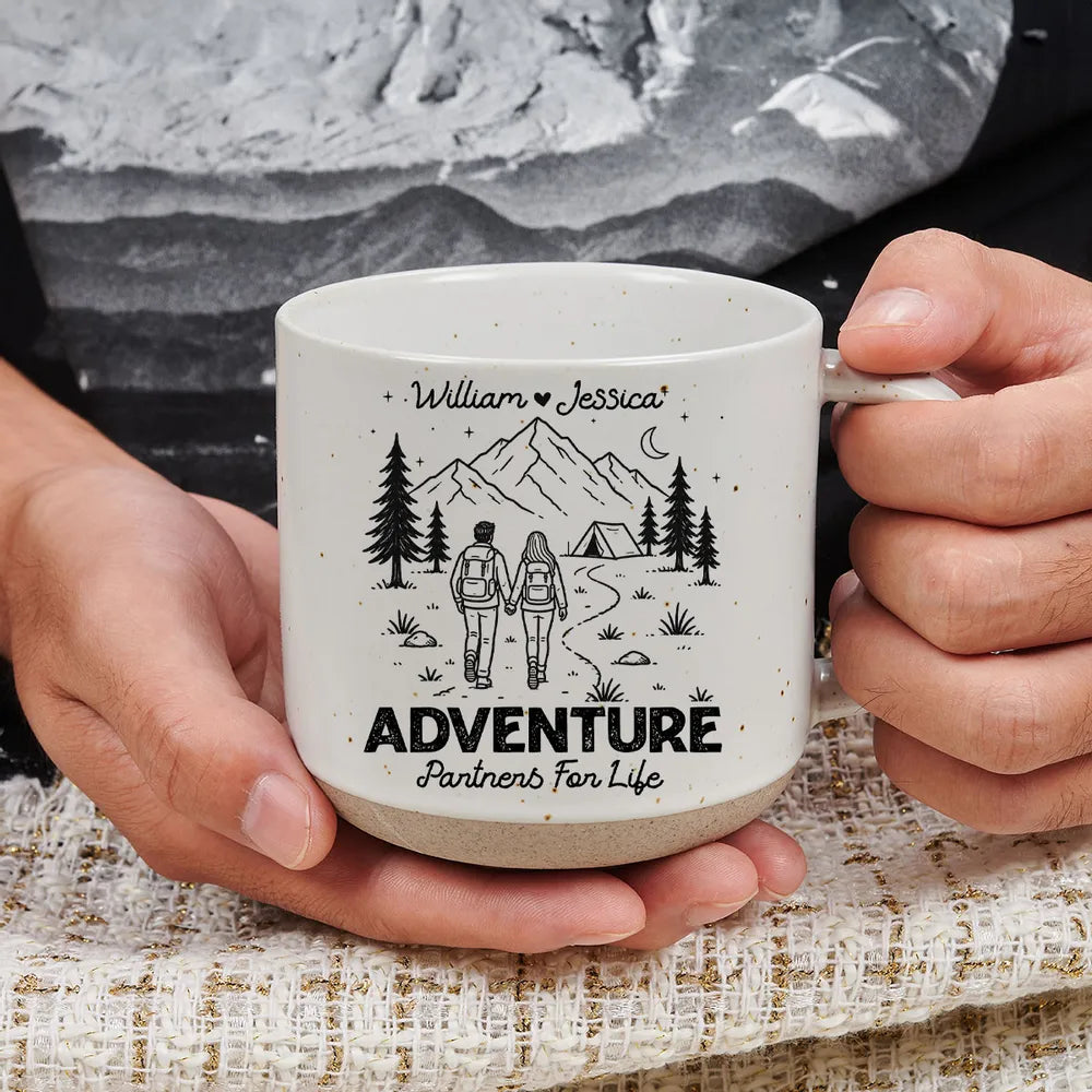 Adventure Partners for Life Personalized Pottery Mug, Hand-Holding Hikers, Creative Gift for Couples