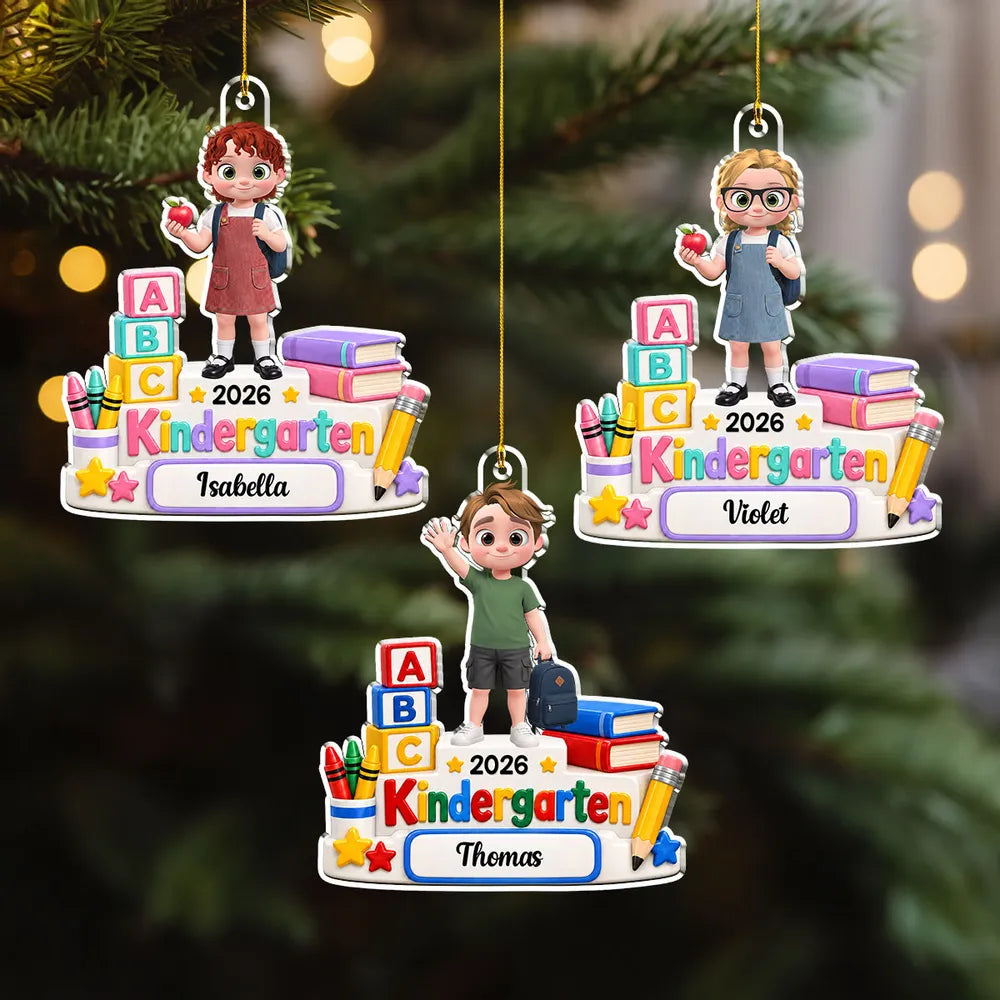 Personalized Acrylic Ornament, Child with Apple & Backpack, Kindergarten Scene, Unique Creative Gift for Kids