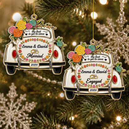 Personalized Acrylic Ornament with Floral Wedding Car, Unique Christmas Gift for Newlyweds