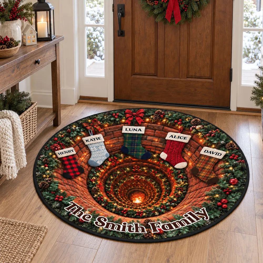 Personalized Round Quilted Mat, Christmas Fireplace Stockings in Rich Holiday Colors, Unique Family Gift